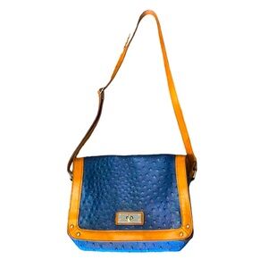 Women’s Navy And Tan Imitation Leather Ostrich Purse With Long Shoulder Strap.